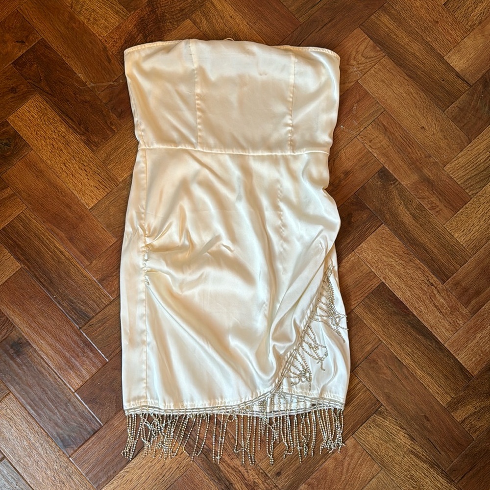 Nasty Gal White Satin Mini Dress with Rhinestone Fringe